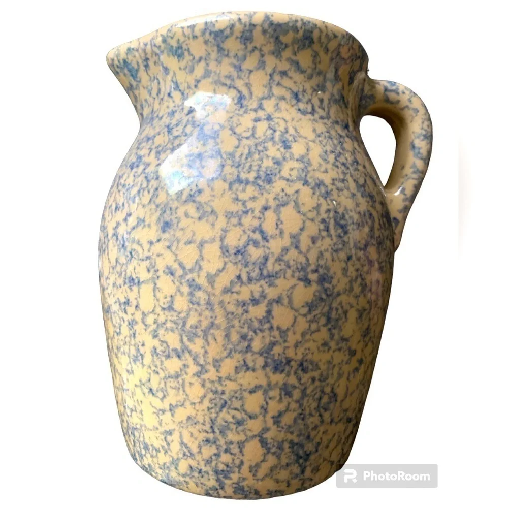 Vintage pottery pitcher blue sponge ware on beige 8.5
